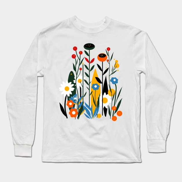 Mid century flowers field Long Sleeve T-Shirt by kharmazero